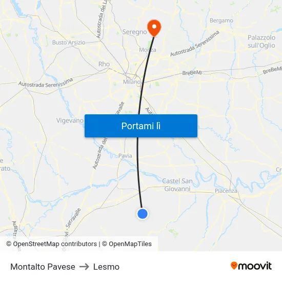 Montalto Pavese to Lesmo map