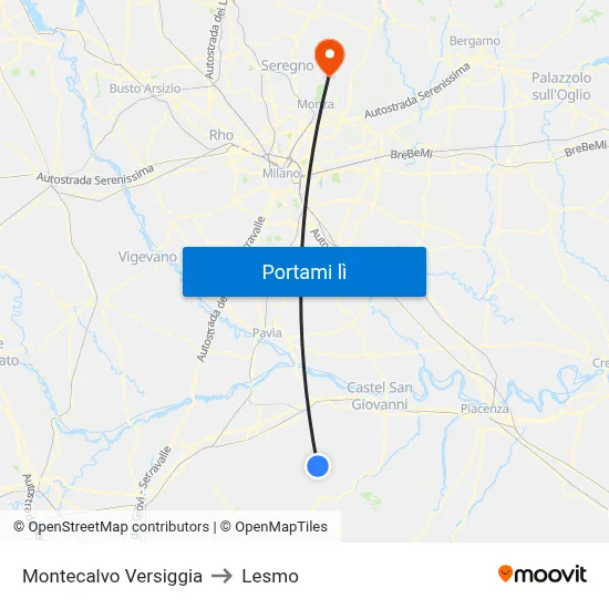Montecalvo Versiggia to Lesmo map