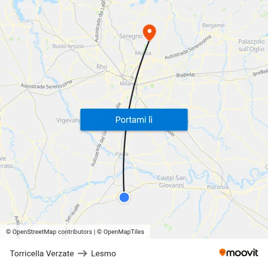Torricella Verzate to Lesmo map