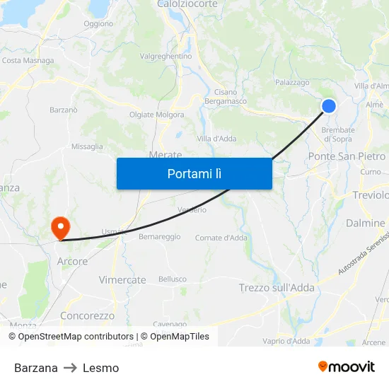 Barzana to Lesmo map