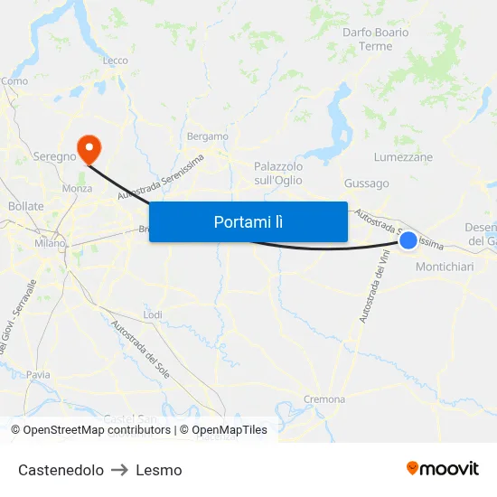 Castenedolo to Lesmo map