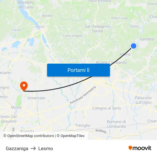 Gazzaniga to Lesmo map