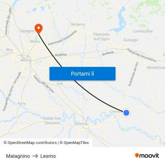 Malagnino to Lesmo map