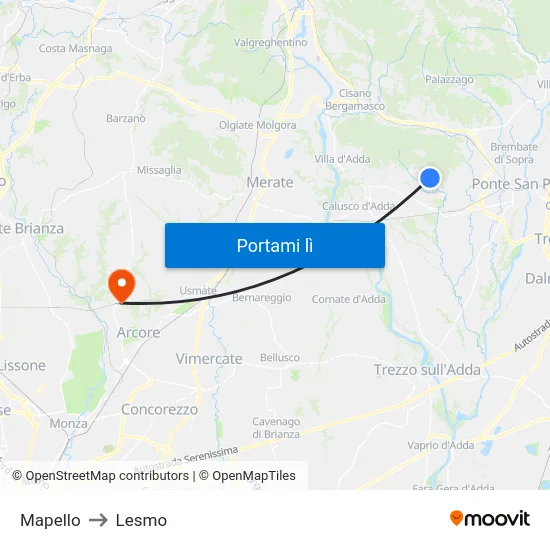 Mapello to Lesmo map