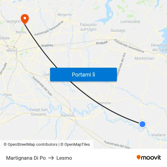 Martignana Di Po to Lesmo map