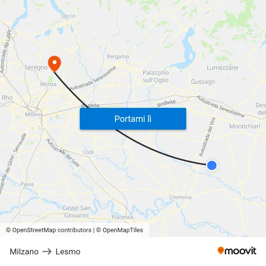 Milzano to Lesmo map