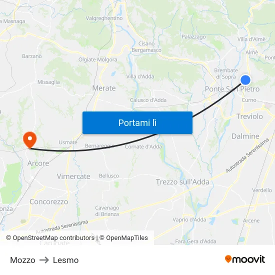 Mozzo to Lesmo map