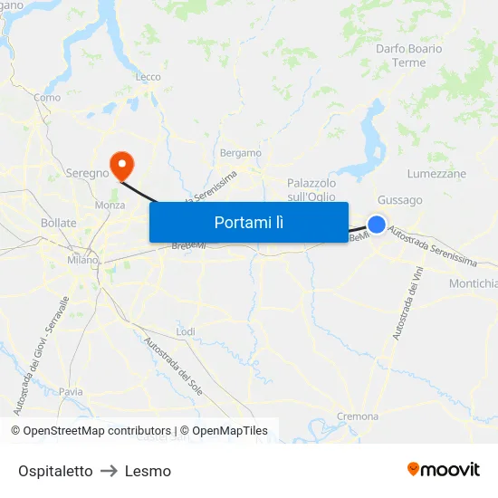 Ospitaletto to Lesmo map