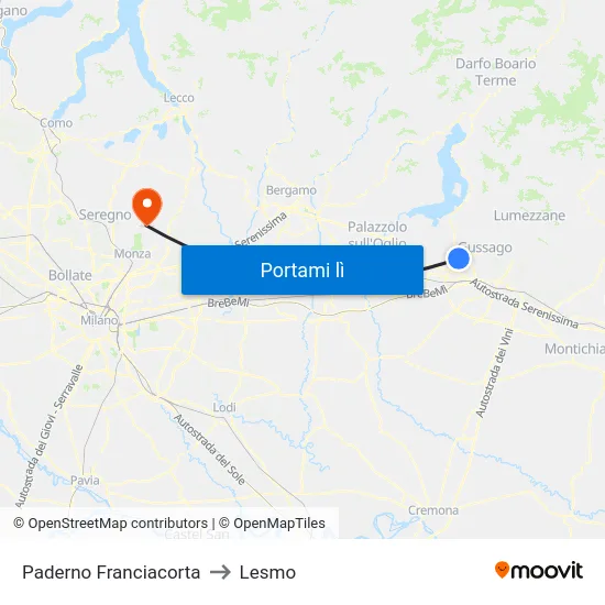 Paderno Franciacorta to Lesmo map