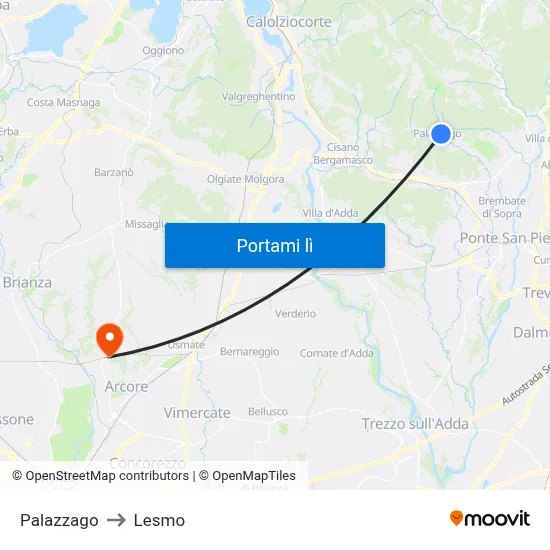 Palazzago to Lesmo map