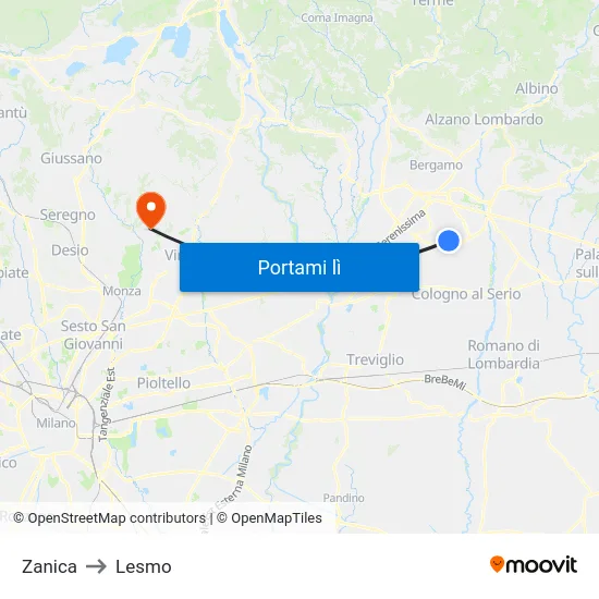 Zanica to Lesmo map