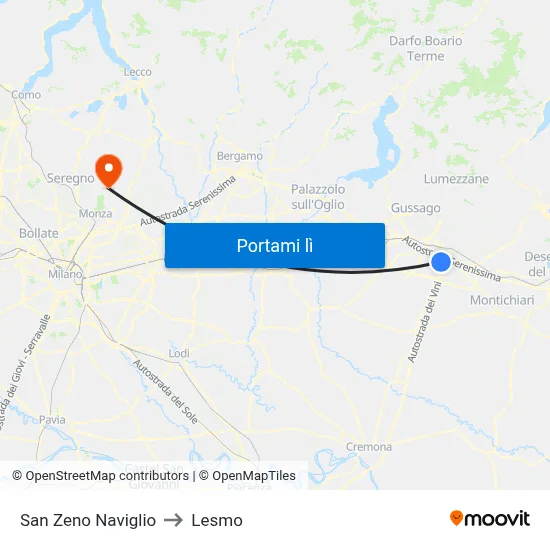 San Zeno Naviglio to Lesmo map