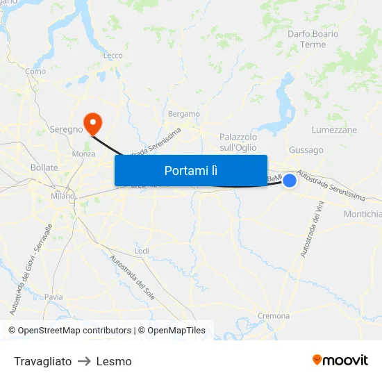 Travagliato to Lesmo map