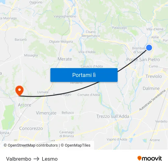 Valbrembo to Lesmo map