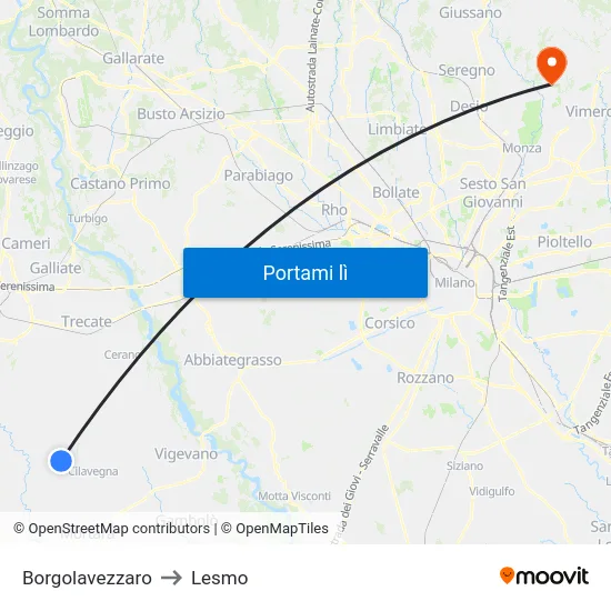 Borgolavezzaro to Lesmo map