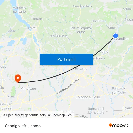 Casnigo to Lesmo map