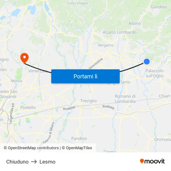 Chiuduno to Lesmo map
