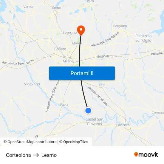 Corteolona to Lesmo map