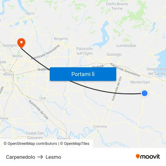 Carpenedolo to Lesmo map