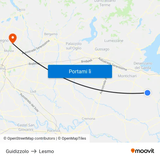 Guidizzolo to Lesmo map