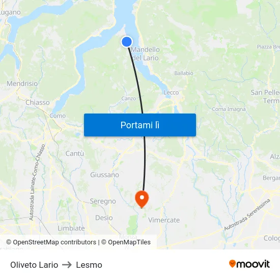Oliveto Lario to Lesmo map