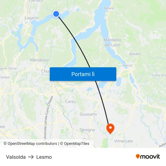 Valsolda to Lesmo map