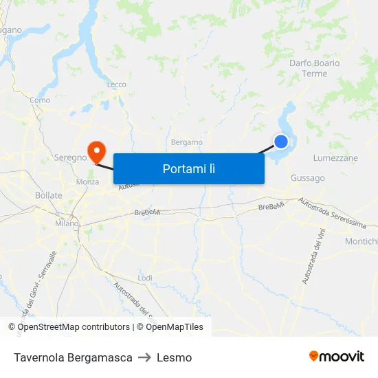 Tavernola Bergamasca to Lesmo map