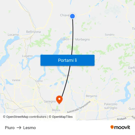 Piuro to Lesmo map