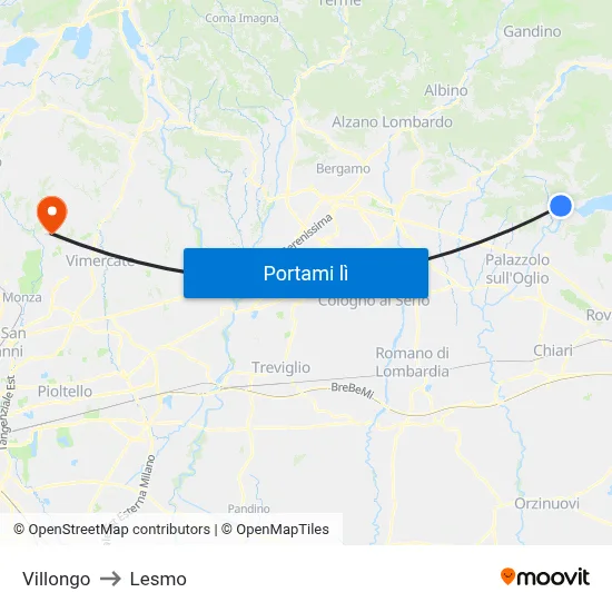 Villongo to Lesmo map