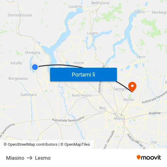 Miasino to Lesmo map