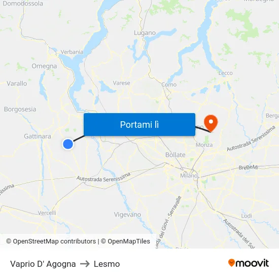Vaprio D' Agogna to Lesmo map
