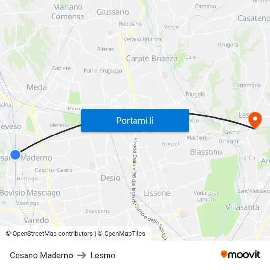 Cesano Maderno to Lesmo map