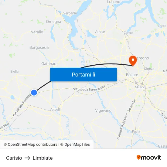 Carisio to Limbiate map
