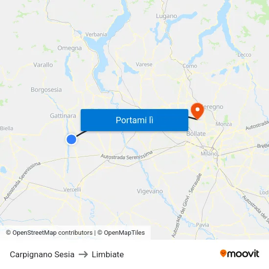 Carpignano Sesia to Limbiate map