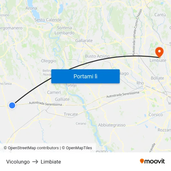 Vicolungo to Limbiate map