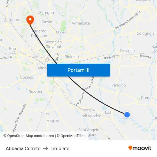 Abbadia Cerreto to Limbiate map