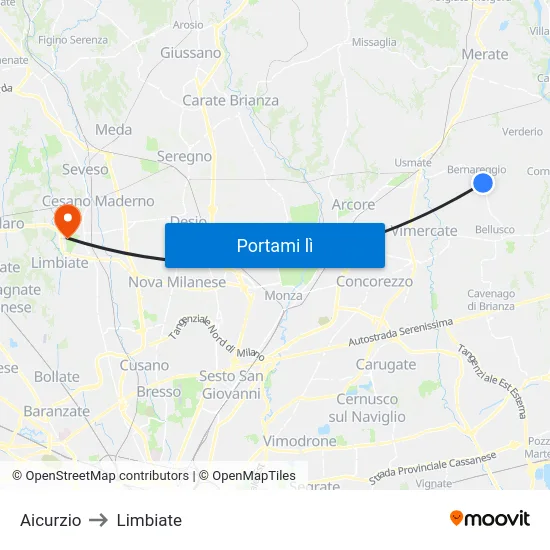 Aicurzio to Limbiate map