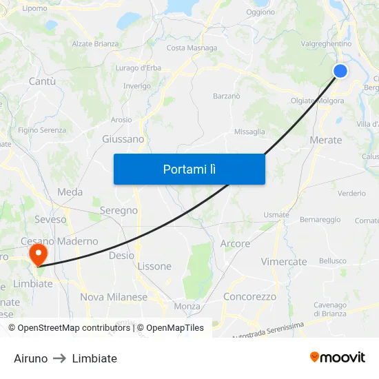 Airuno to Limbiate map