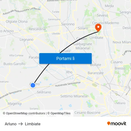 Arluno to Limbiate map