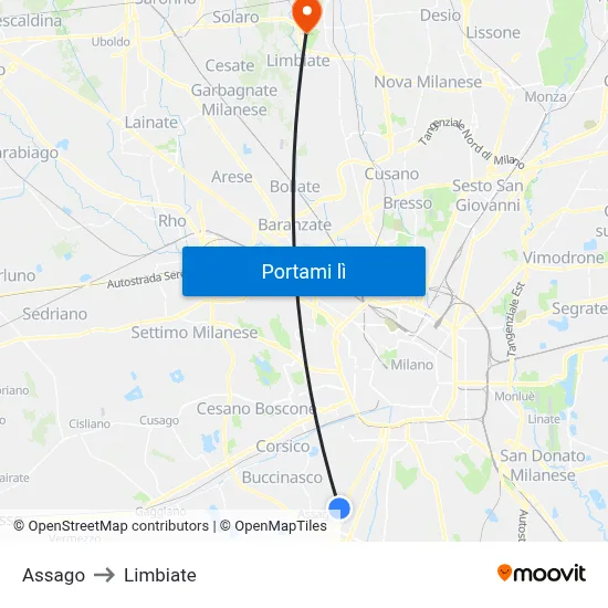 Assago to Limbiate map