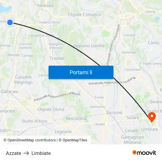 Azzate to Limbiate map