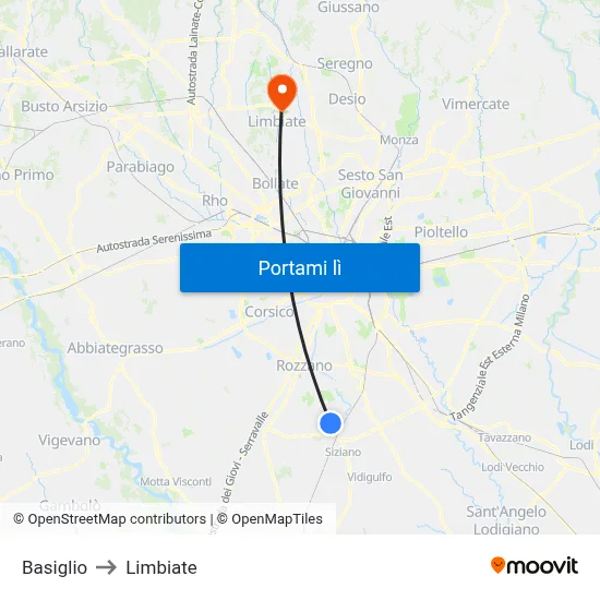 Basiglio to Limbiate map