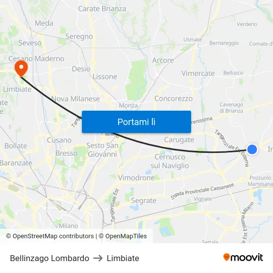 Bellinzago Lombardo to Limbiate map