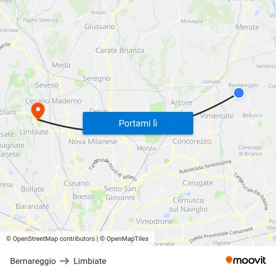 Bernareggio to Limbiate map