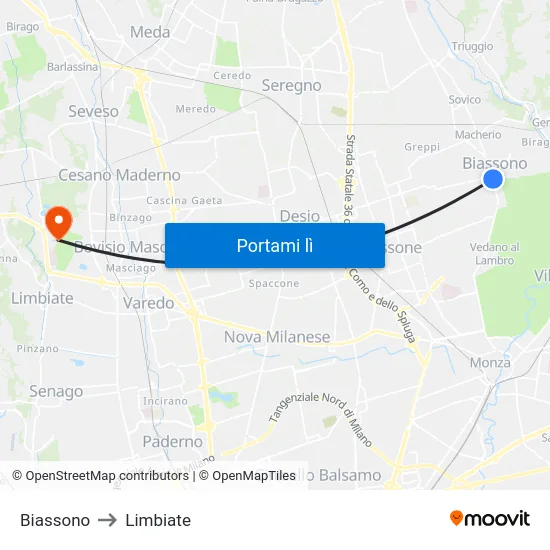 Biassono to Limbiate map