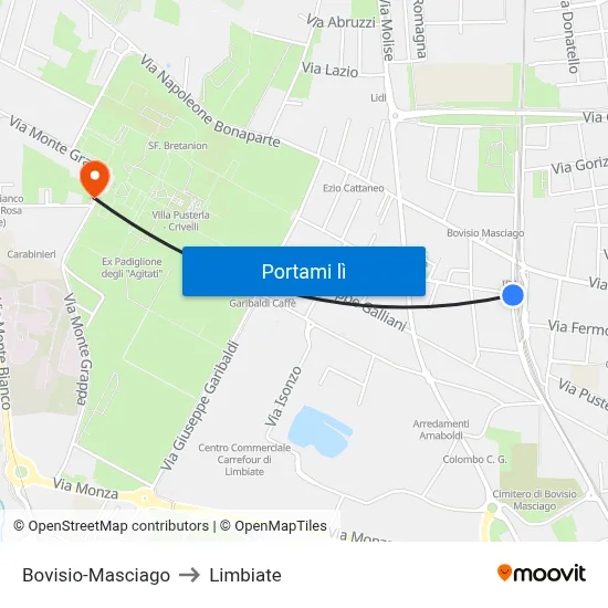Bovisio-Masciago to Limbiate map