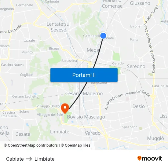 Cabiate to Limbiate map