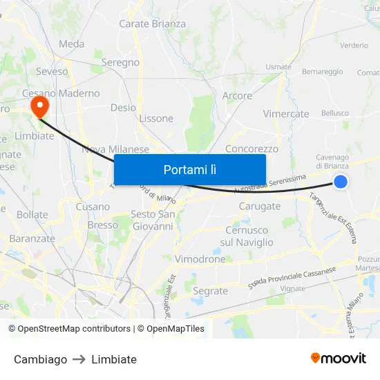 Cambiago to Limbiate map