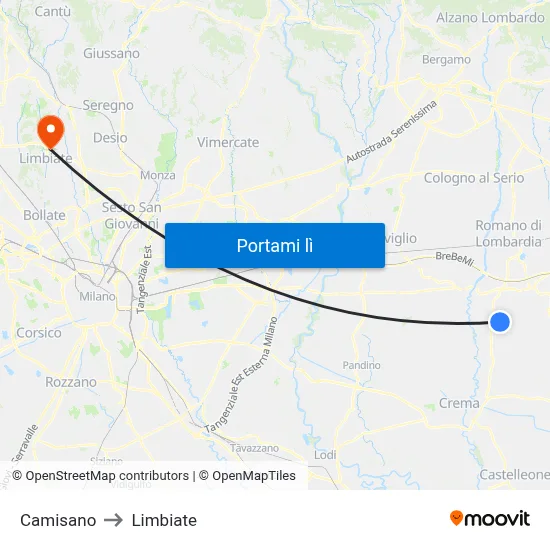 Camisano to Limbiate map