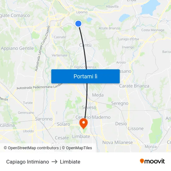 Capiago Intimiano to Limbiate map